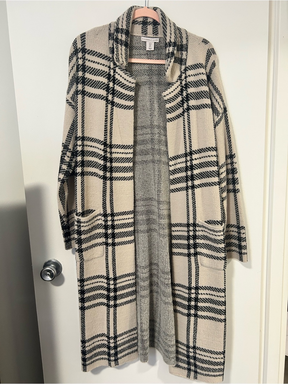 Sincerely Jules Cream and Black Plaid Knit Cardigan